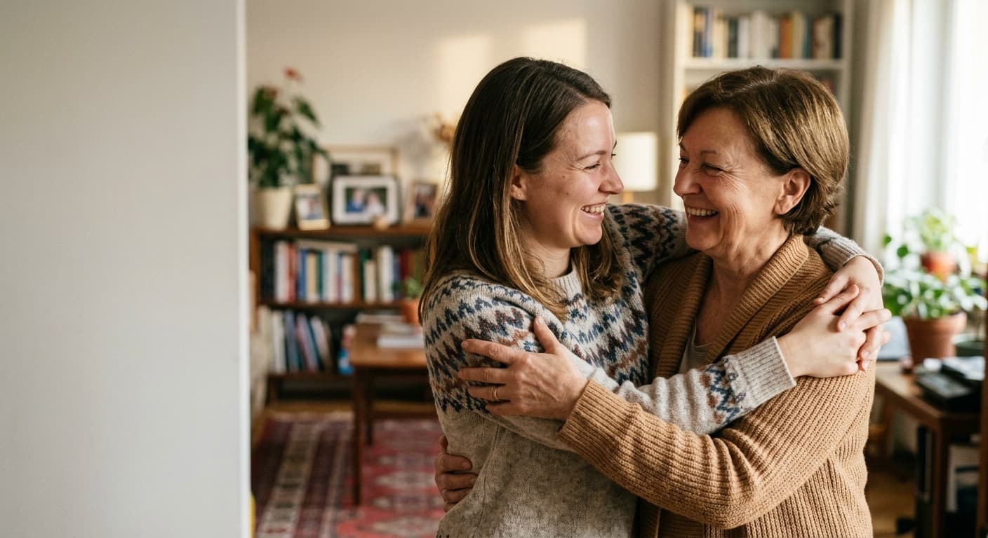 Uśmiechnięta mama w jasnym, domowym wnętrzu