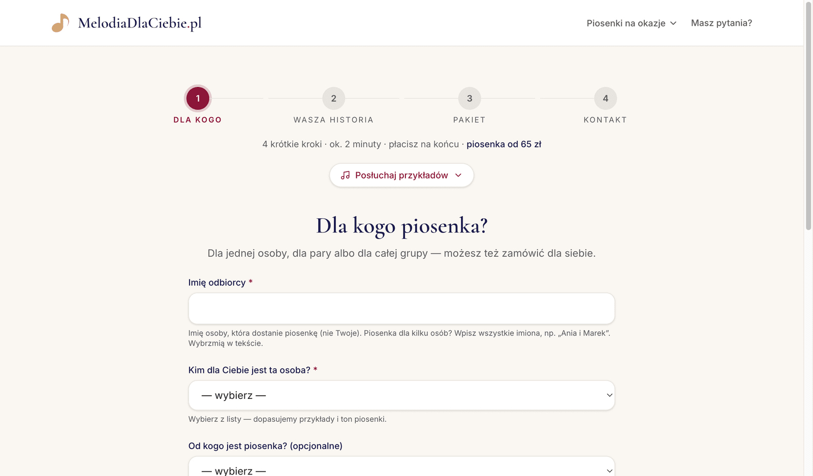 Pierwszy krok formularza zamówienia: pasek czterech kroków, pytanie „Dla kogo piosenka?”, pola na imię odbiorcy, relację i nadawcę